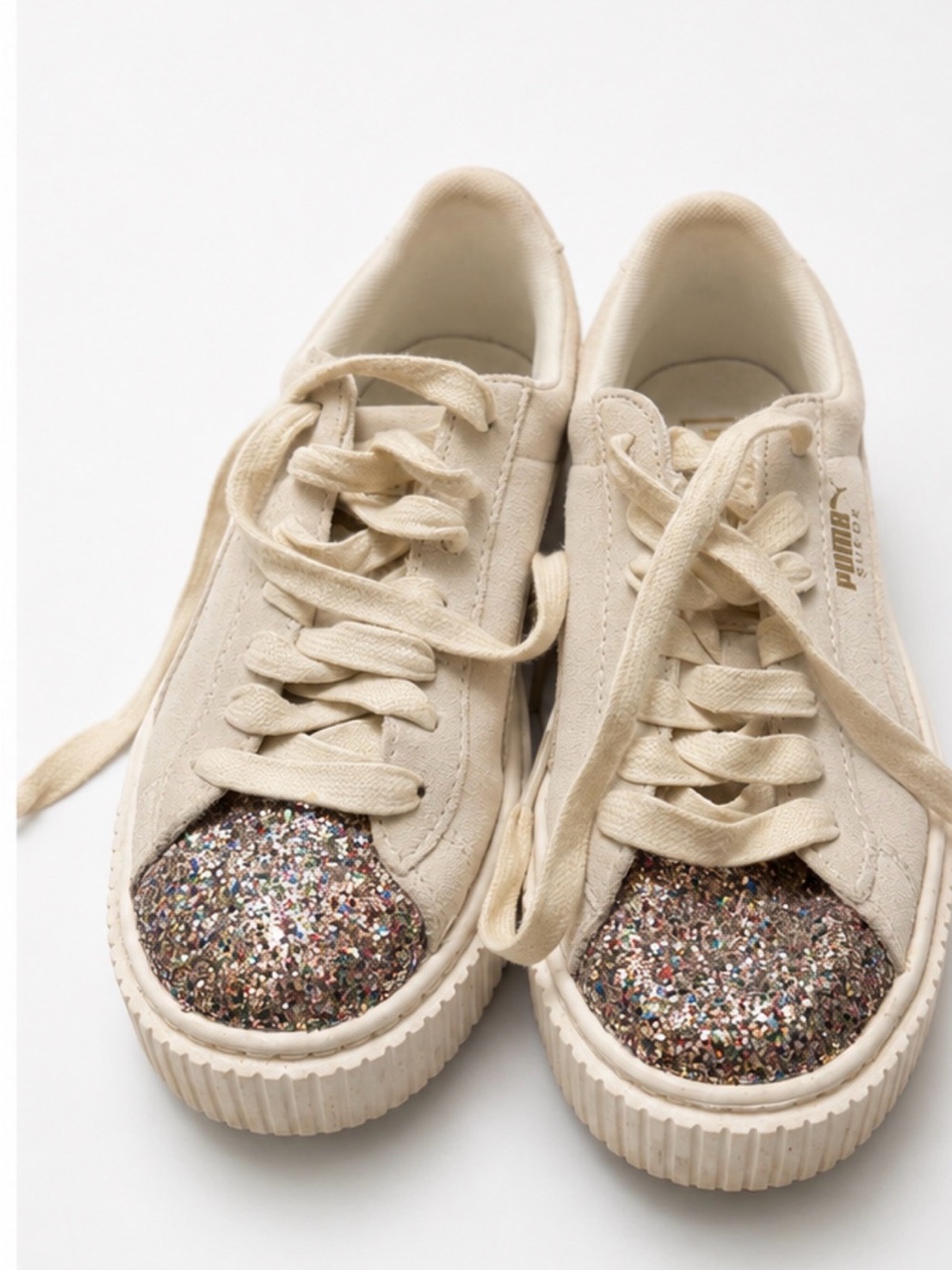 Puma woman Cream Lace-Up Sneakers with Multicolor Glitter Toes
